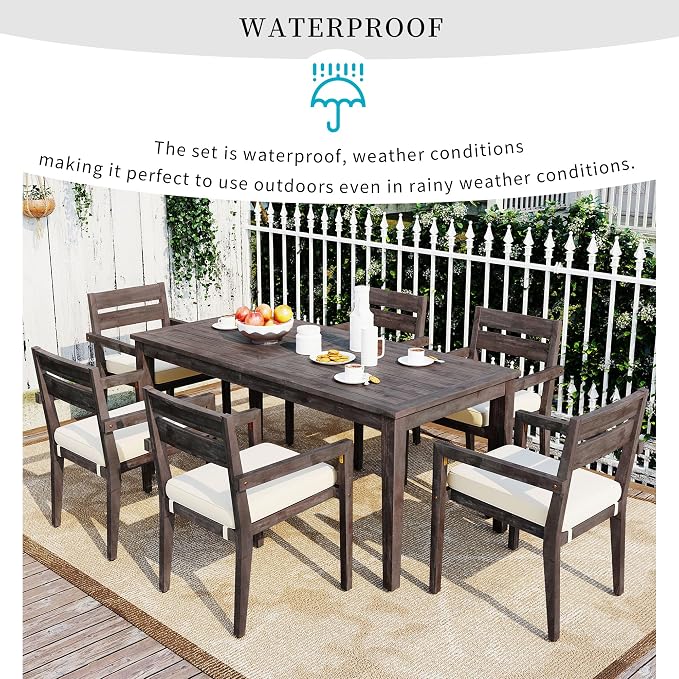 7 Piece Patio Dining Table Set with Removable Cushion, Outdoor Acacia Wood Furniture Set for Garden, Backyard, Lawn, Poolside (A-Gray)
