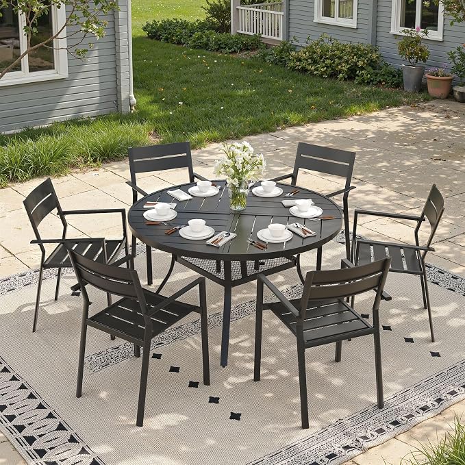 47.2" Outdoor Dining Table with Adjustable Umbrella Hole, Metal Slatted Round Patio Dining Table for Backyard Garden Deck, Black