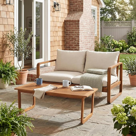 Christopher Knight Home Myra Acacia Wood Outdoor Loveseat and Coffee Table Set, 2 Piece Patio Furniture Set with Cushions, Patio Conversation Set with Slatted Design for Backyard, Teak + Beige