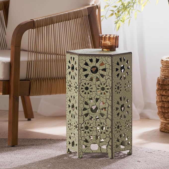 12" Outdoor Side Table, Decorative Cutout Metal Side Table, Multi Functional - Coffee Table, Night Stand, Plant Stand for Patio, Garden, Backyard, Gazebo Indoor (Green)