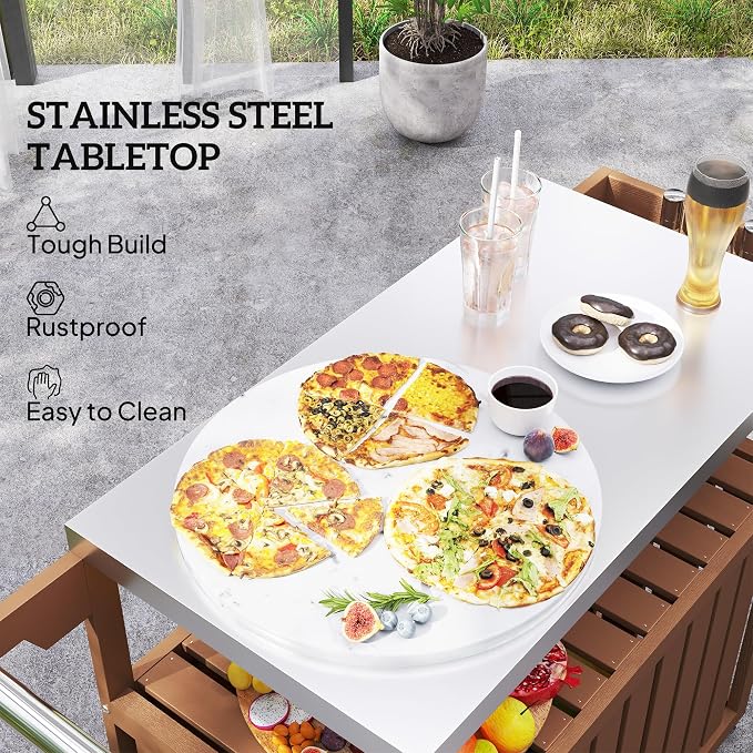 Outsunny Outdoor Bar Cart with Storage Cabinet, Stainless Steel Top Kitchen Island on Wheels, HDPE Outdoor Bar Table, Movable Patio Beverage Food Prep Table for BBQ Picnic, Brown