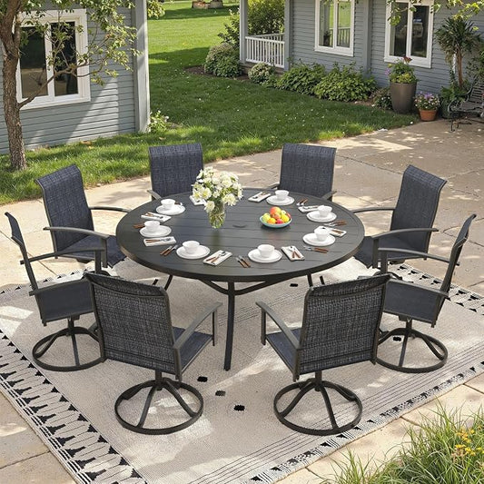 9 Pieces Round Patio Dining Set, Outdoor Furniture of 60" Round Patio Table and Patio Swivel Chairs for Backyard Lawn Garden, Black Table and Black Chairs