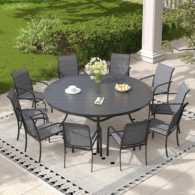 11 Pieces Outdoor Dining Set, Stackable Textilene Patio Chairs & 63" Round Dining Table with Umbrella Hole, Patio Dining Set for Backyard, Deck, Garden, Grey & Black