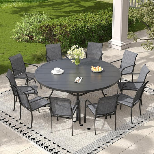 11 Pieces Outdoor Dining Set, Stackable Textilene Patio Chairs & 63" Round Dining Table with Umbrella Hole, Patio Dining Set for Backyard, Deck, Garden, Grey & Black