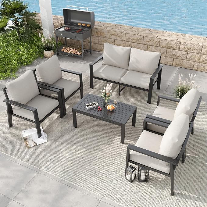 Aluminum Patio Conversation Set 6 Pieces Metal Deck Outdoor Furniture 6-Seat All-Weather Rust-Proof Sectional Sofa Set with Removable Cushion for Balcony, Yard, Poolside & Small Spaces