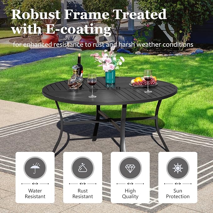 HERA'S HOUSE 54" Outdoor Patio Round Dining Table with Umbrella Hole, Metal Steel Frame for Backyard Lawn Balcony Deck, Black