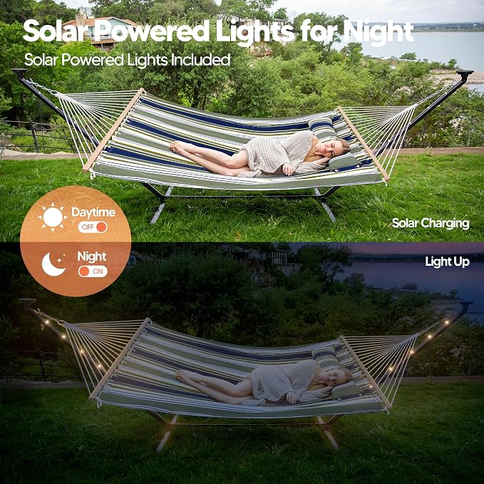 SUNCREAT Double Hammock with 12 ft Stand, Solar Powered Lights, Outdoor Standing 2 Person Hammock, Dark Green