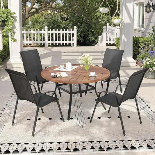 5 Pieces Outdoor Dining Set, 40.7" Spliced Patio Table with Umbrella Hole & Stackable Outdoor Dining Chairs, Patio Furniture Set for Deck Garden Porch, Black Chairs & Walnut Table