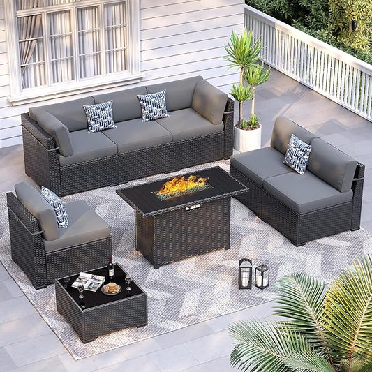 8 Piece Patio Furniture Set with 44” Fire Pit Table All-Weather Wicker Conversation Sectional Sofa & Coffee Table with Thickened Cushions for Backyard, Garden(Grey)