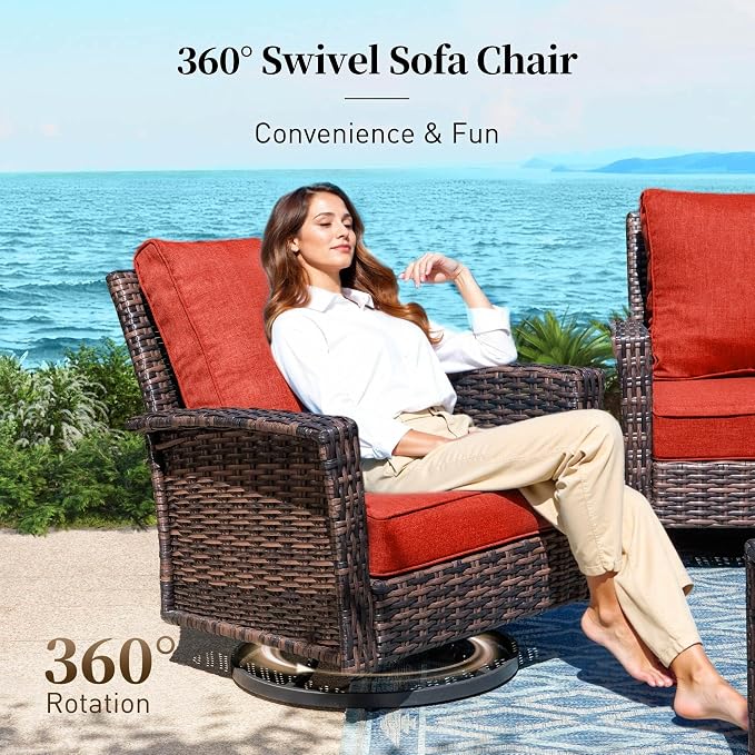 SUNSHINE VALLEY 6 Piece Patio Furniture Set with Swivel Chairs, High Back Wicker Rattan Sofa with Extra Thick Cushion, Coffee Table and Ottoman, Outdoor Conversation Set for Backyard Deck,Red