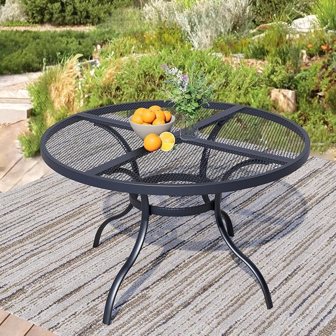 47" Round Patio Table with Umbrella Hole, Metal Outdoor Dining Table for Garden, Backyard and Deck, 6 Person Round Patio Dining Table for Outside, Black Mesh Table