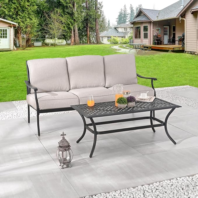 LOKATSE HOME 3 Seat Metal Patio Loveseat Bench Outdoor Furniture Bistro Set with Coffee Table for Lawn Front Porch Garden Yard or Poolside, Beige