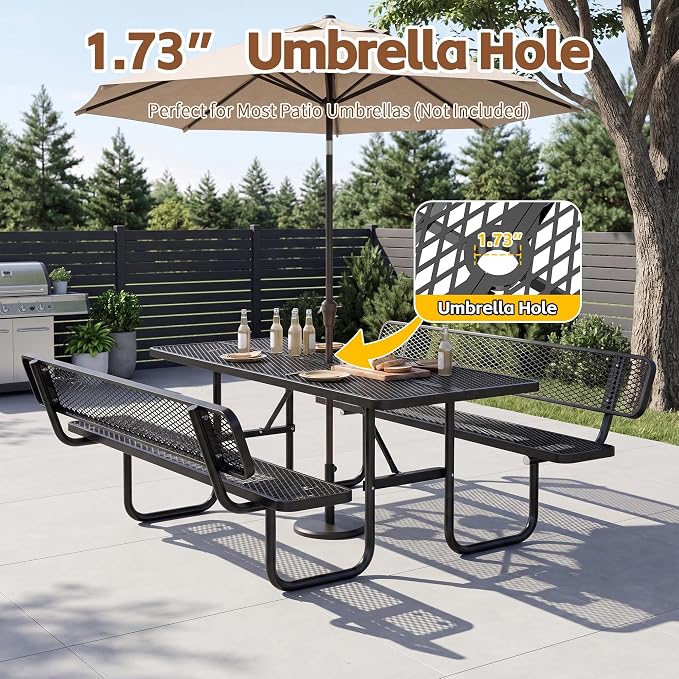 72" Rectangular Metal Picnic Table with Backrest, Commercial Steel Picnic Tables with 1.73" Umbrella Hole, Heavy Duty Picnic Tables for Outdoor Garden Courtyard BBQ, Black