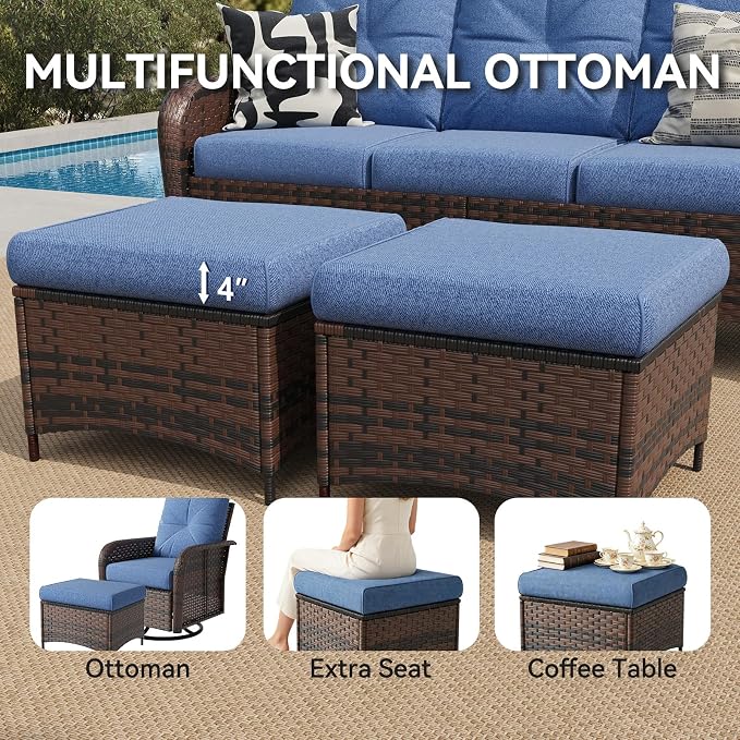 LazySunsets 12 Piece Outdoor Patio Furniture Set with 44'' Fire Pit Table, Wicker Rattan Outdoor Furniture with High Back Swivel Rocker Chairs, Outdoor Sofa Set with Thick Cushion & Ottoman, Navy Blue