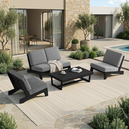 All Weather Patio Furniture Sets, 4 Pieces Black Wood Outdoor Sectional Futniture Patio Sofa Chair Backyard Conversation Set with Solid Wooden Coffee Table - Light Gray