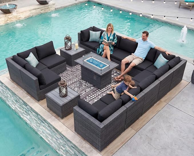 NICESOUL 15 Piece Outdoor Patio Furniture Set with Fire Pit, Extra Large Wide Outdoor Deep Seated Sectional, Cozy 29.3'' High-Back Modular Couch, 500 Lbs High Weight Capacity Wicker Sofa, Gray & Black