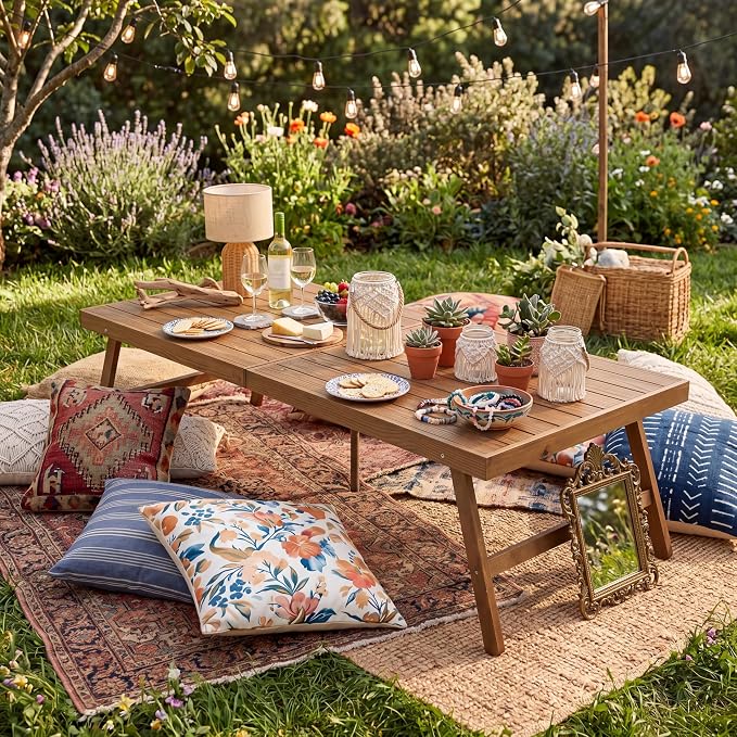 Novabright Foldable Boho Wooden Picnic Table 48x24 Inch Portable Low Picnic Table for Outdoor Indoor Floor Seating Beach Wedding Garden Camping BBQ Backyard