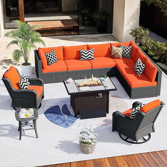 HOOOWOOO Outdoor Patio Furniture Set with Fire Pit 10 Pieces Patio Set with Fire Pit Wicker Outdoor Furniture with Fire Pit Table Set Patio Conversation Set with Swivel Chairs,Orange Red