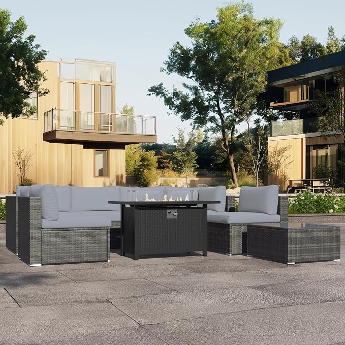 SUNVIVI OUTDOOR 8-Piece Modular Outdoor Patio Furniture Set, Wicker Outdoor Sectional Sofa with 45" Fire Pit Table, All-Weather Rattan with Cushions for Porch Garden Backyard, Grey