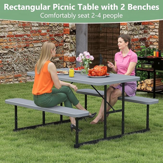 Picnic Table Set for 2-4 People, Umbrella Hole, Heavy-Duty Metal Frame & 2 Benches, HDPE Rectangular Outdoor Dinning Table & Benches for Outside, Patio, Garden, Backyard, Porch (Gray)