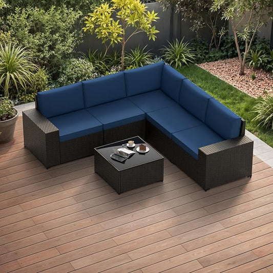 Patio Furniture Set, 6PCS Patio Sectional with Ottoman Wicker Rattan Outdoor Furniture with Thickened Cushion Modular Wicker Patio Conversation Set with Glass Top Table for Balcony, Backyard(Blue)