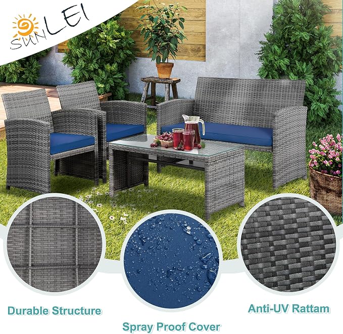 SUNLEI 4 Pcs Patio Ratten Set, Outdoor Furniture Set Wicker Conversation Set with Cushions and Tempered Glass Tabletop Outdoor Patio Furniture Sets (Dark Blue)