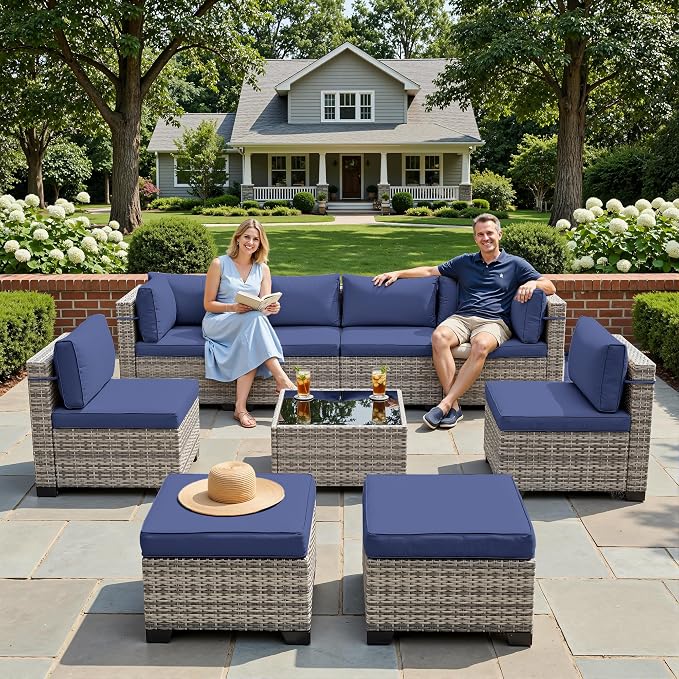 9-Piece Patio Furniture Set, Outdoor Sectional with Ottomans, Modular Patio Sofa, Dual-Strand Wicker Rattan, Rust-Resistant Frame, Backyard Furniture for Garden, Deck, Navy Blue