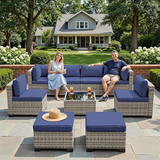 9-Piece Patio Furniture Set, Outdoor Sectional with Ottomans, Modular Patio Sofa, Dual-Strand Wicker Rattan, Rust-Resistant Frame, Backyard Furniture for Garden, Deck, Navy Blue