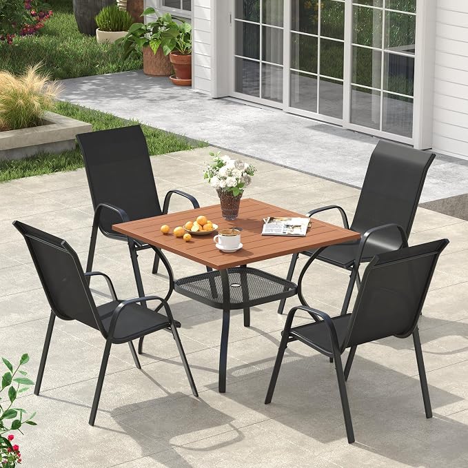 VICLLAX Square Patio Dining Set for 4, Metal Slatted Patio Table with Umbrella Hole and Stackable Patio Chairs for Deck Lawn Garden, Black Fabric and Walnut Tabletop