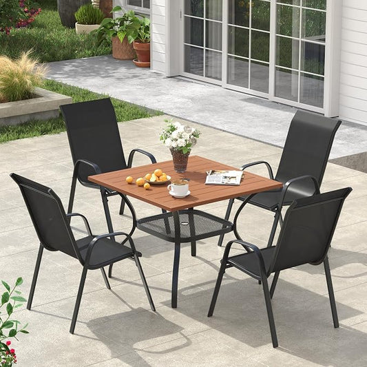 VICLLAX Square Patio Dining Set for 4, Metal Slatted Patio Table with Umbrella Hole and Stackable Patio Chairs for Deck Lawn Garden, Black Fabric and Walnut Tabletop