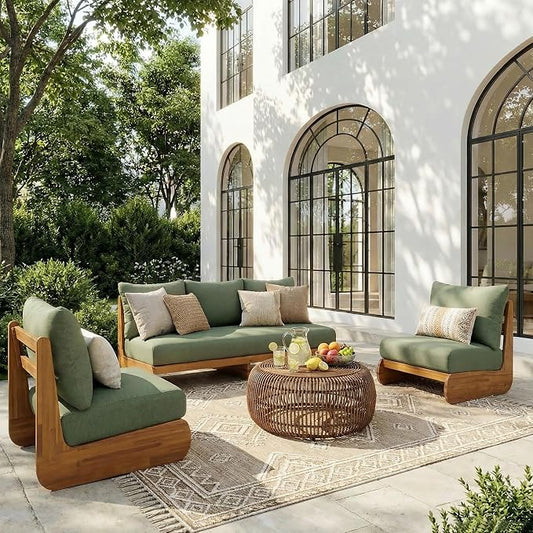 Christopher Knight Home Isabel 5-Seater Outdoor Patio Furniture Set with Removable Cushion, Acacia Wood Patio Conversation Set with 3-Seater Sofa & Club Chairs, 3 Piece Sectional Sofa Set, Green+Teak