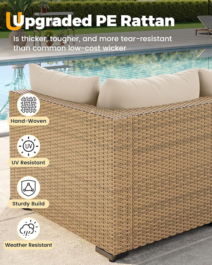 UDPATIO Furniture Set, 7 Piece Sectional Sofas with Wicker Coffee Table, Conversation for Garden, Backyard, Yellow/Beige