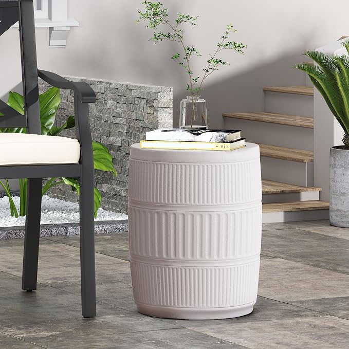 Outdoor Side Table 15" Cylindrical Shape Lightweight Concrete-Look Outdoor Indoor Accent Table Decorative Garden Stools, for Patio Porch Living Room, White