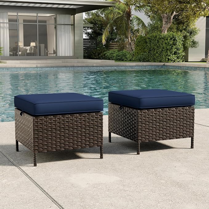 Wicker Ottomans with Cushions, Patio PE Rattan Furniture Set with Weather-Resistant Cushions for Porch, Backyard, Deck, Sunroom (Navy Blue)