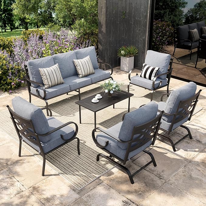 Sophia & William Patio Conversation Set for 7, 3-Seater Sofa, 2 Fixed Chairs, 2 Rocking Chairs and a Coffee Table, Metal Outdoor Furniture with 5.75" Extra Thick Cushions, Grey