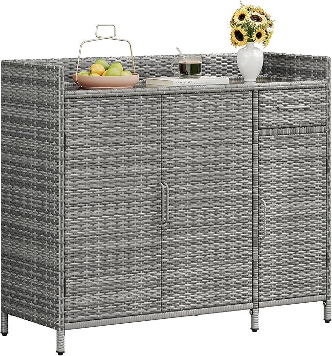 Merax Wicker Outdoor Bar Cabinet - PE Rattan Patio Bar Table w/Tempered Glass Desktop, Drawers & 3 Doors, Buffet Sideboard Organizer for Garden Backyard Pool, Outside Storage Cabinet,Grey