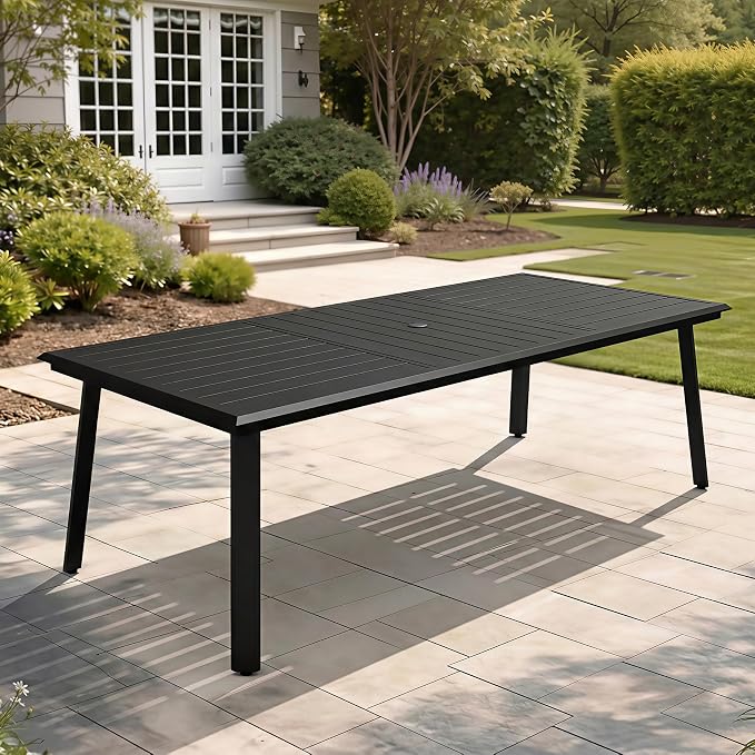 94" Outdoor Dining Table for 10 Black Aluminum Long Patio Table | 1.57-1.97" Adjuatable Umbrella Hole All Weather Rectangle Table for Lawn Backyard Garden Poolside Park