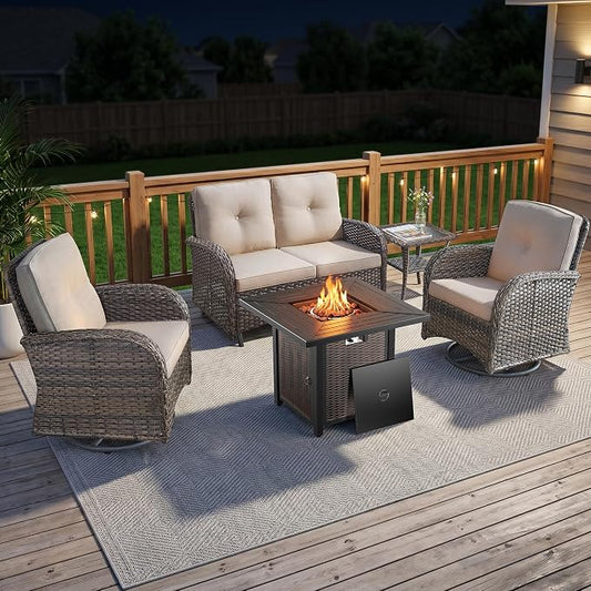 5 Piece Patio Furniture Set with Fire Pit Table - Wicker Patio Conversation Set with Swivel Glider, Glider Loveseat, Tempered Glass Side Table for Deck Backyard - Brown Wicker Beige Cushion