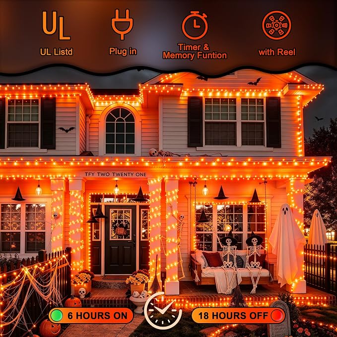 JMEXSUSS 1000 LED Orange Halloween String Lights Outdoor Indoor Plug in | 272 Ft Fall & Thanksgiving Day Lights Clear Wire, 8 Modes with Remote, Orange lights for Halloween Decor, Tree Patio Yards