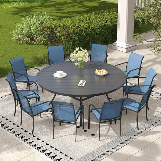 11 Pieces Outdoor Dining Set, Stackable Textilene Paito Chairs & 63" Round Dining Table with Umbrella Hole, Patio Dining Set for Backyard, Deck, Garden, Dark Blue & Black