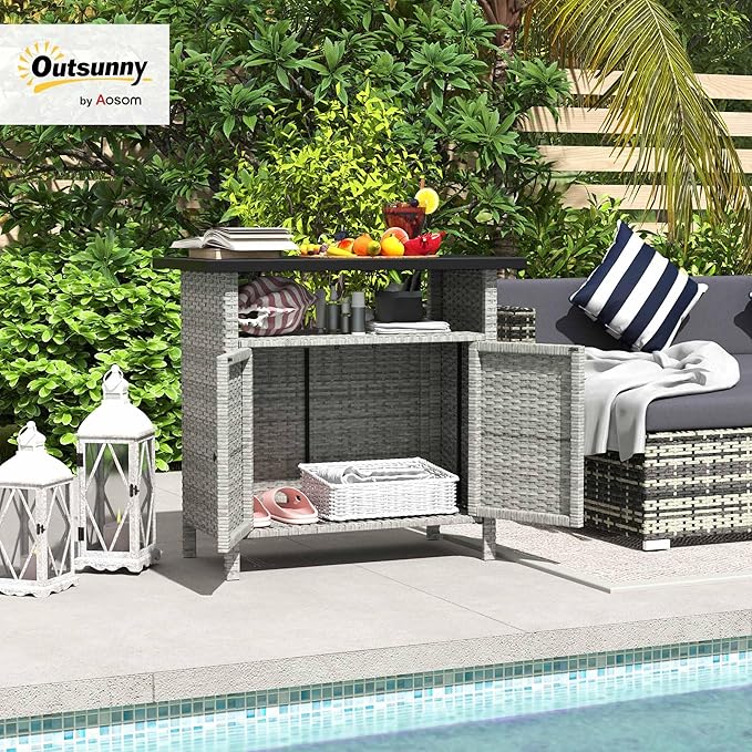Outsunny Wicker Outdoor Storage Cabinet, Rattan Bar Table with 2 Doors and Shelf, Buffet Sideboard with Metal Slatted Countertop for Poolside, Patio, Backyard, Gray