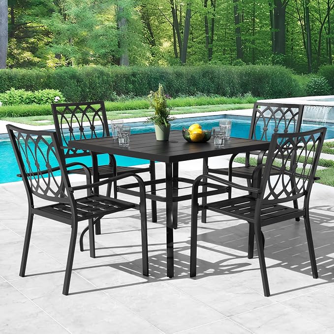 NUU GARDEN 5 Piece Outdoor Dining Set, 4 Stackable Chairs and 37 Inch Square Slatted Table with 1.6'' Umbrella Hole for All Weather Patio Furniture Set for Garden, Backyard, Poolside and Lawn, Black