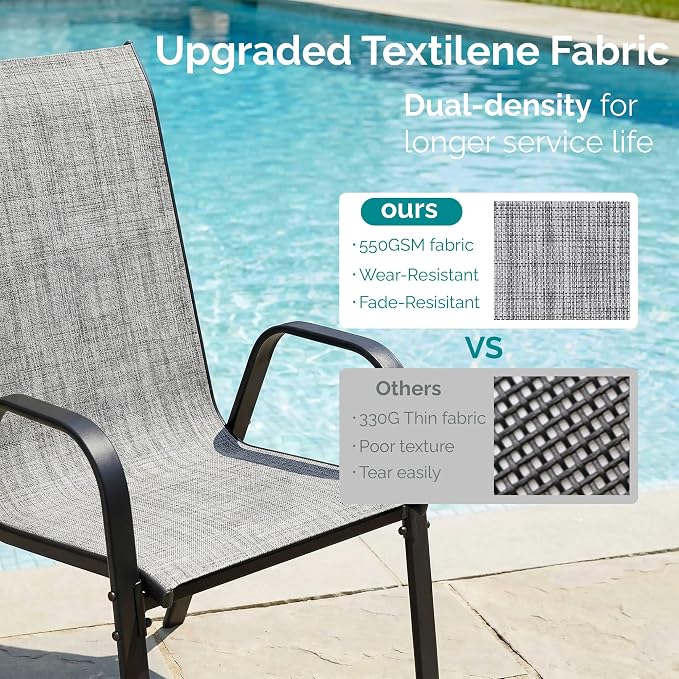 MAMIZO 7 Pieces Patio Dining Set for 6, Outdoor Table and Chairs w/Rectangle Glass Table and 6 Textilene Stackable Chairs, Patio Furniture Set w/1.69" Umbrella Hole (Grey Table & Grey Chair)