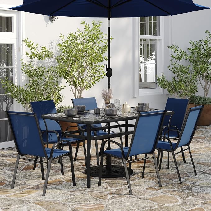 Merrick Lane Bardwell 7-Piece Outdoor Dining Table Set for 6, Glass Top Table with Hole for Umbrella, 6 Breathable Textilene Stackable Patio Chairs, Navy/Black