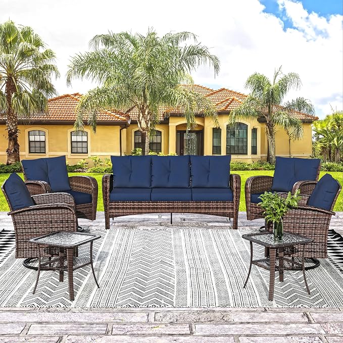 7 Pieces Patio Set, 73" PE Rattan Sofa, Coffee Table, Wicker Swivel Glider Chairs, Outdoor Conversation Furniture with Removble Cushion, Loveseat Couch for Porch, Sunroom (Navy Blue)