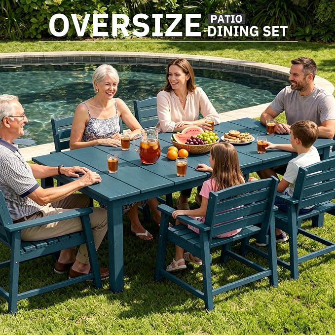 AreShark 7-Piece Outdoor Dining Set,HDPE Patio Table with 6 Chairs,All-Weather Patio Furniture Set with Umbrella Hole,Low Maintenance Wood Grain Dining Set for Backyard,Garden,Poolside,Navy Blue