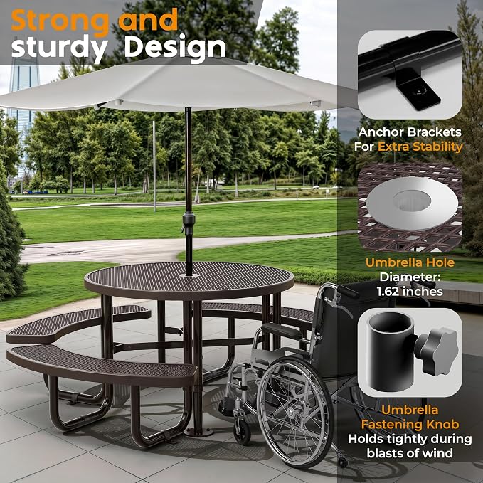 Metal Picnic Tables for Outdoors with Umbrella Hole - Coated Steel Heavy Duty Commercial Grade Furniture Set with Adjustable Seats (Brown, 46 in, Round, Expanded Steel)