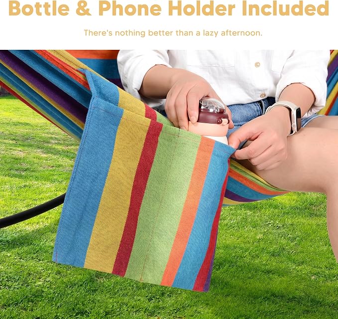 SUNCREAT Hammocks for Outside with Stand, Porch Hammock and Stand, 475 lbs Capacity, Patent Pending, Rainbow