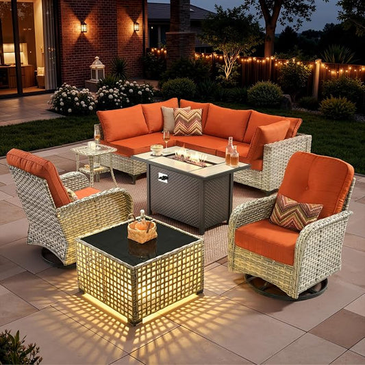 9 Pieces Outdoor Sectional Patio Furniture Set with 42" Fire Pit,Conversation Sets Rattan Wicker L Shaped Couch Swivel Rocking Chairs,Modular Outdoor Sofa for Porch Balcony Backyard Orange