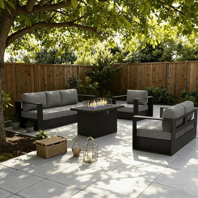LayinSun Oversized Aluminum Outdoor Furniture Set, 5 Piece Patio Sofa Sets with Fire Pit Table, Deep Seating and Upgraded 6-inch Cushions for Porch, Balcony, Deck